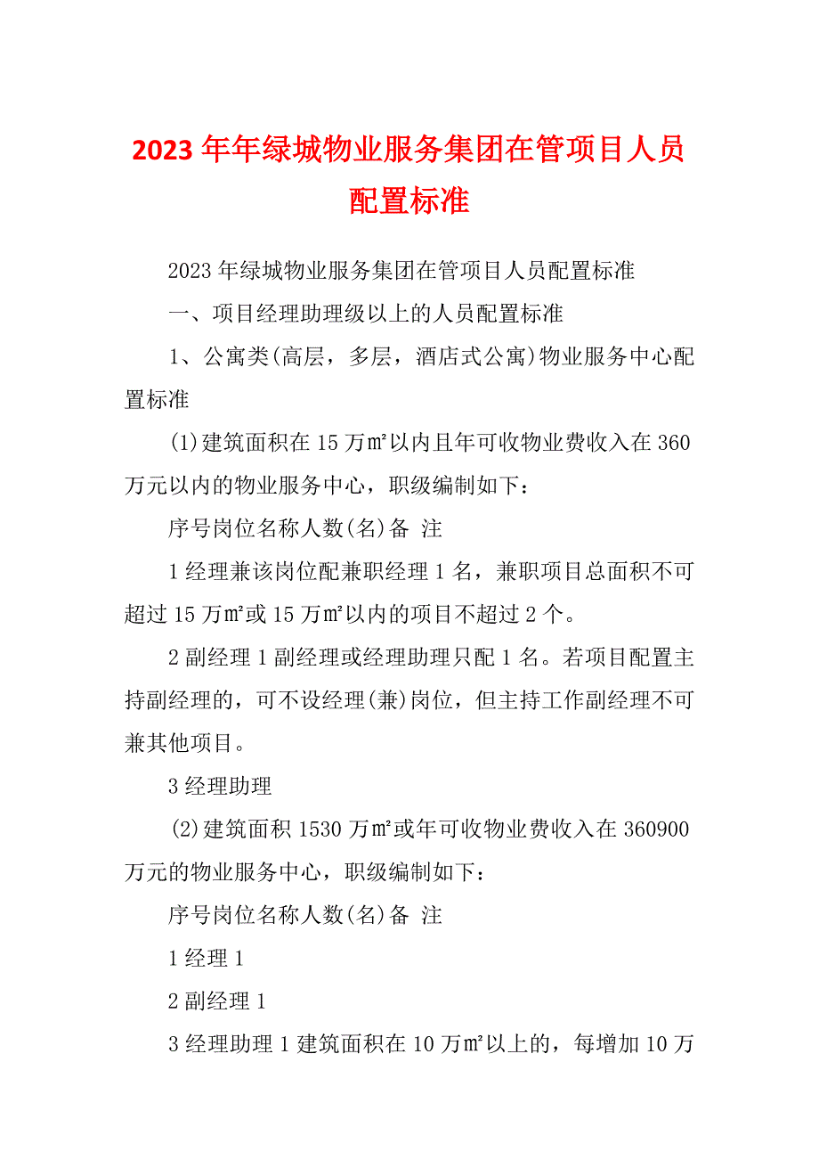 2023年年绿城物业服务集团在管项目人员配置标准_第1页