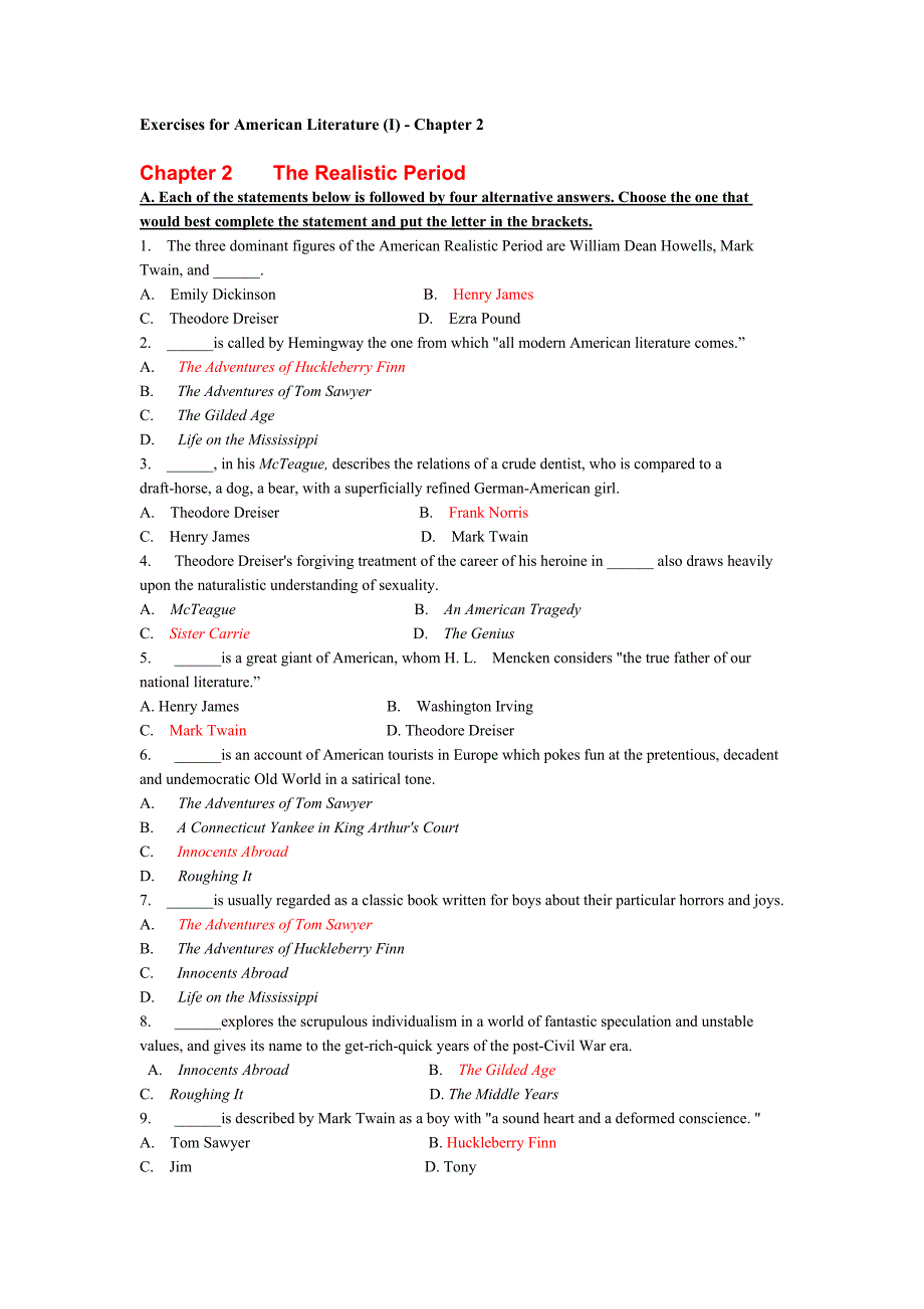 Exercises for American Literature (I) - Chapter 2_第1页
