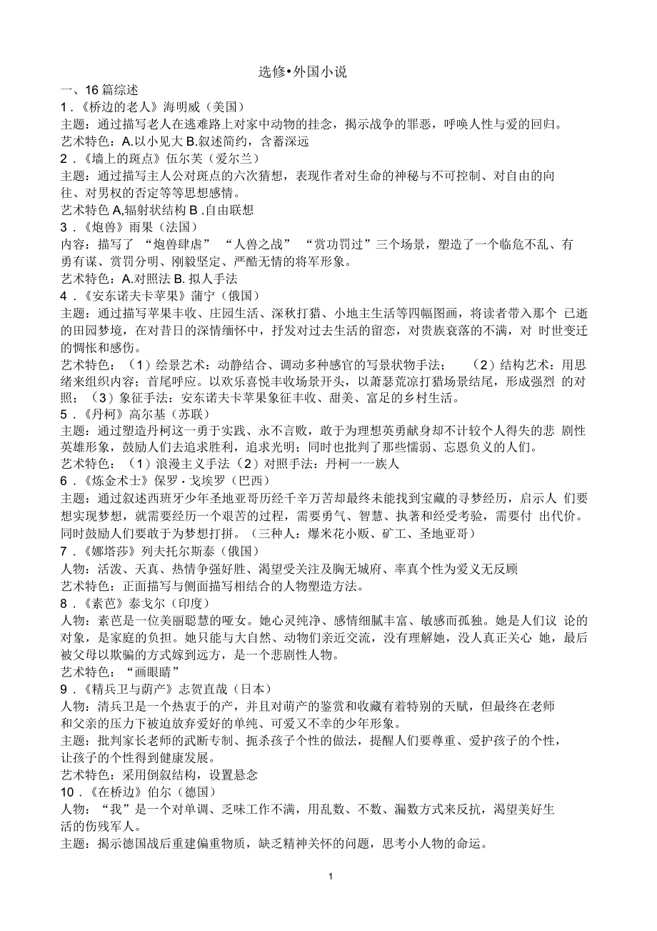 选修_外国小说_16篇主旨_第1页