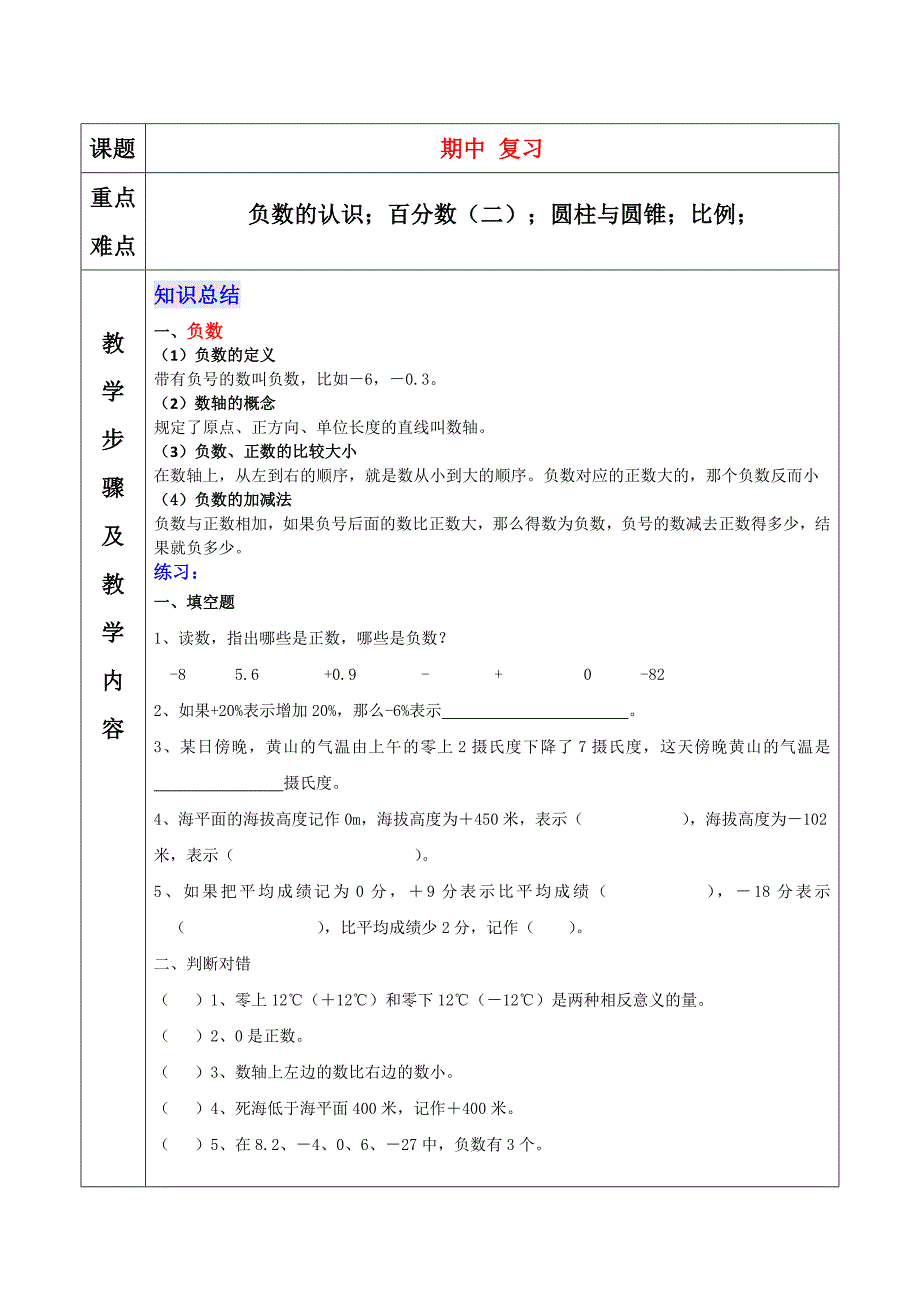 六年级下册数学期中复习知识点与习题_第1页