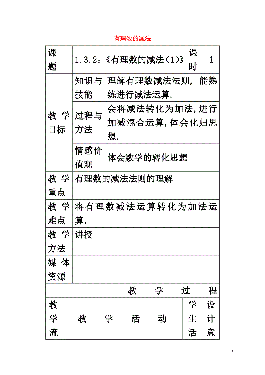 福建省龙岩市长汀县新桥镇七年级数学上册1.3.2《有理数的减法（1）》教案（新版）新人教版_第2页