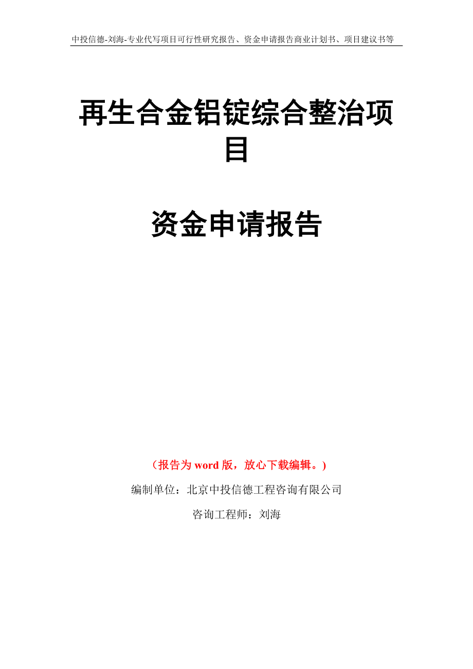 再生合金铝锭综合整治项目资金申请报告模板_第1页