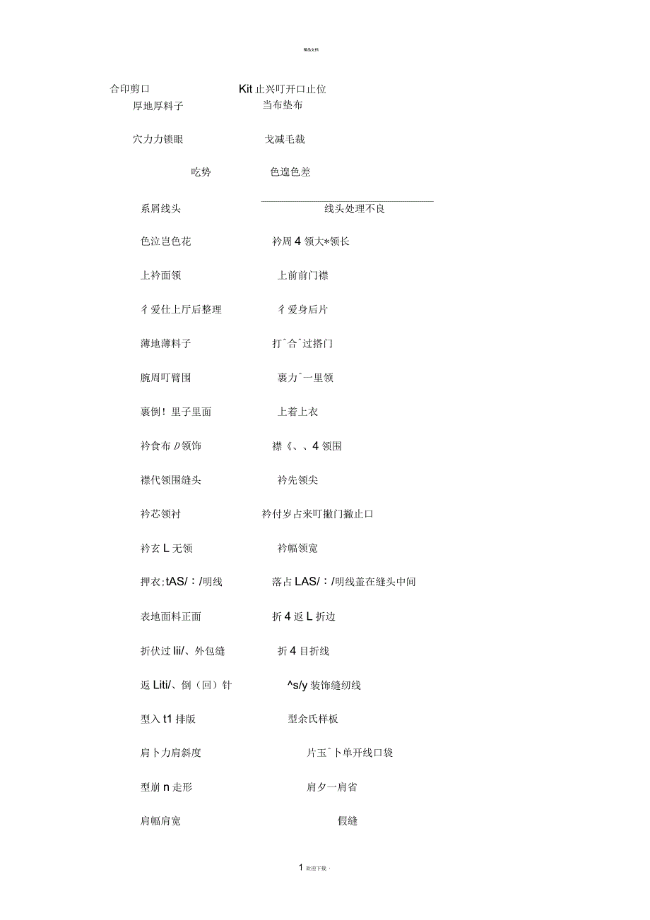 日语词汇：服装缝纫术语中日对照_第1页