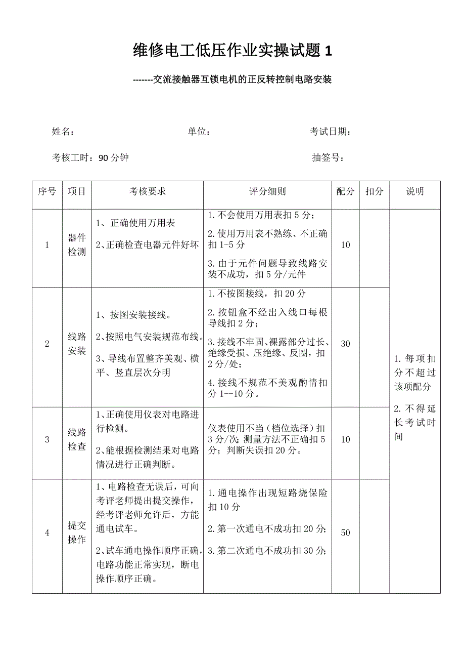 试题1.交流接触器互锁正反转控制电路实操考核评分表chen_第1页