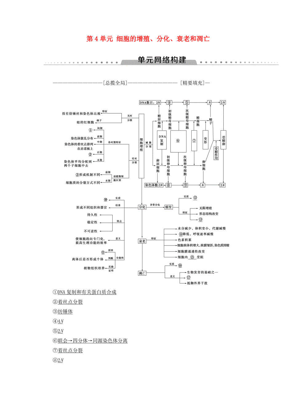 高考生物一轮复习第4单元细胞的增殖分化衰老和凋亡单元网络构建学案苏教版_第1页