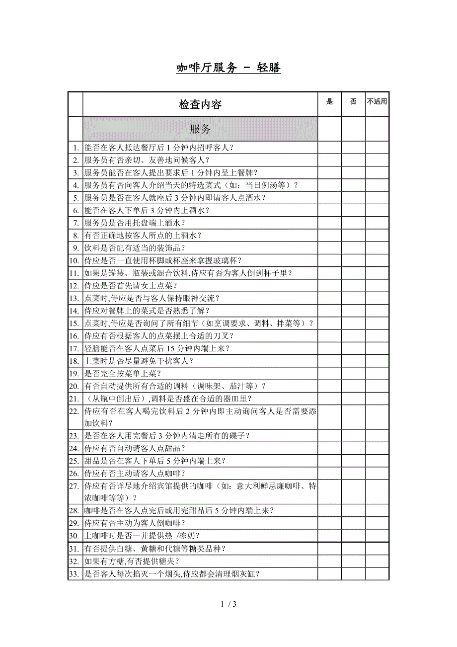 咖啡厅服务检查表(doc 3页)_第1页