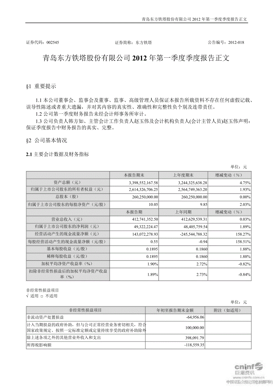 东方铁塔第一季度报告正文_第1页