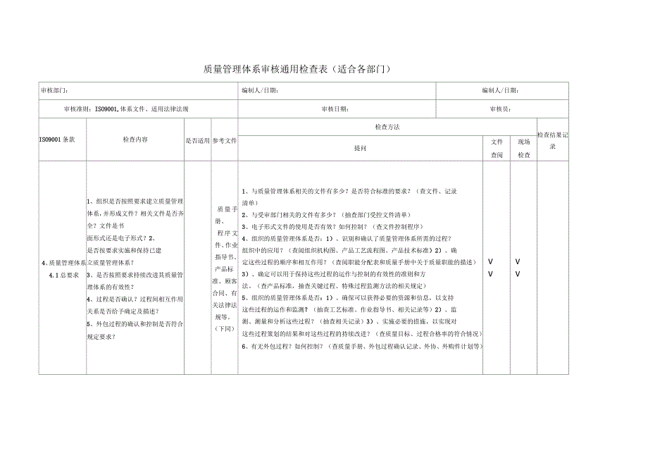 质量管理体系审核检查表_第1页