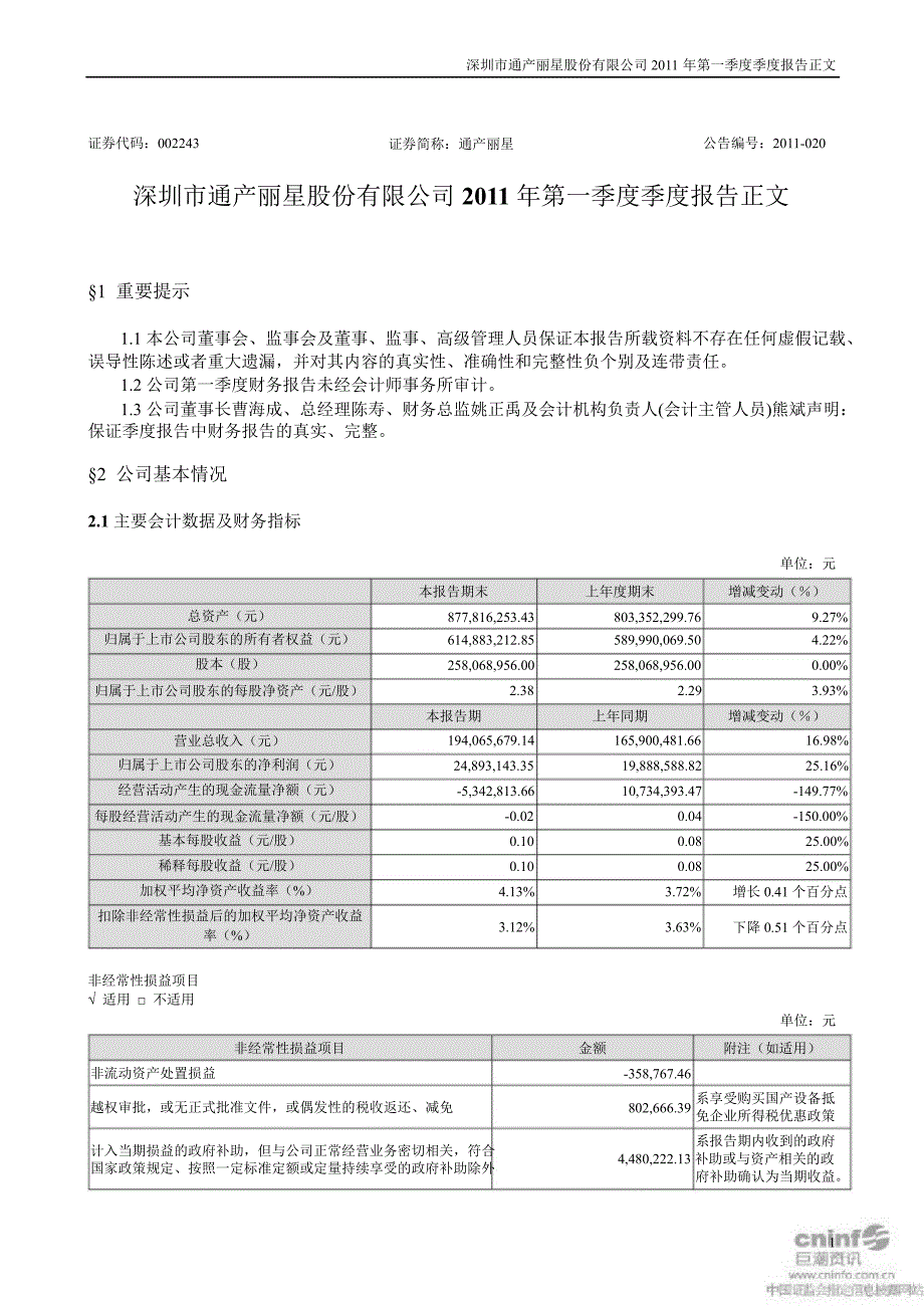 通产丽星第一季度报告正文_第1页