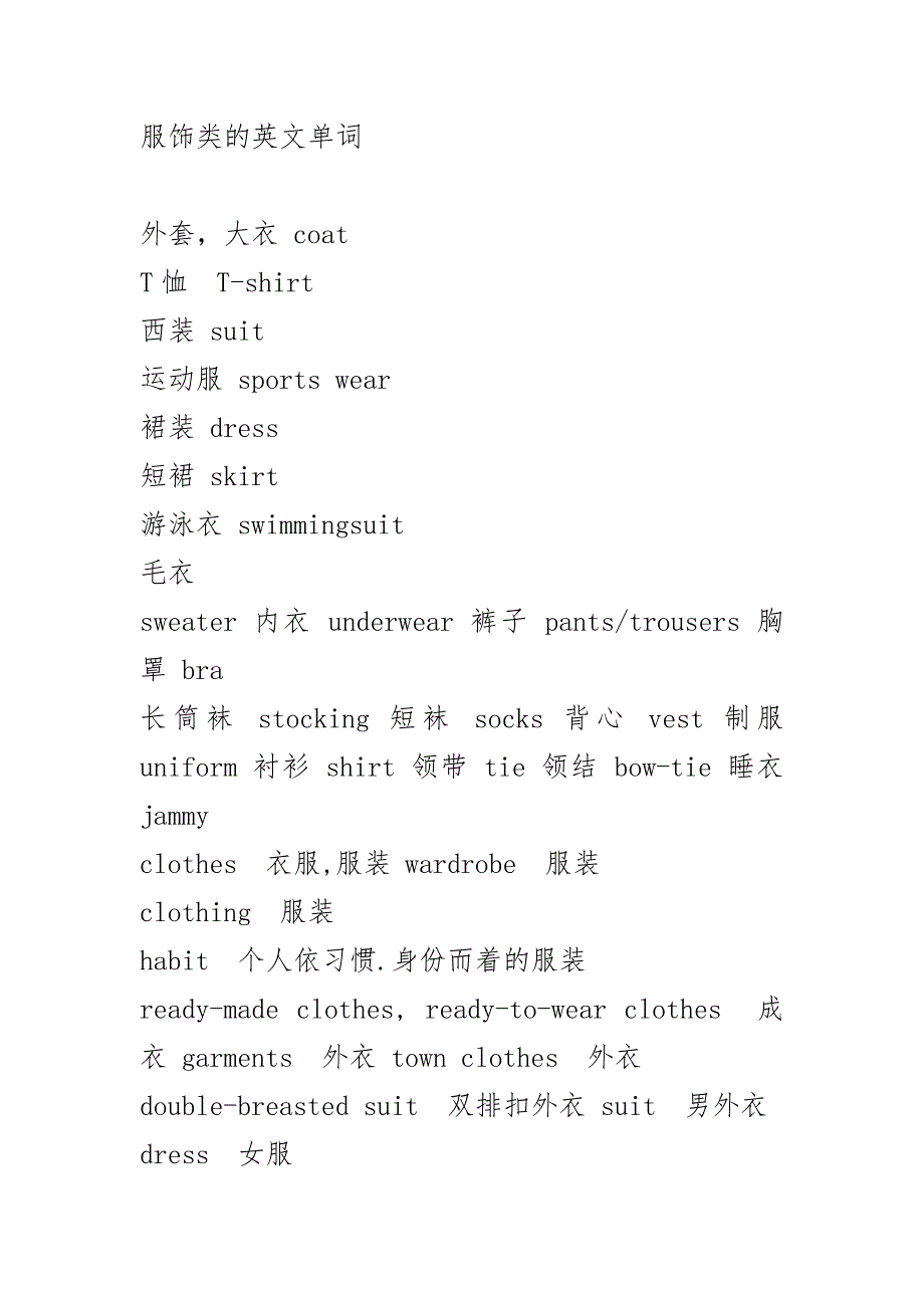 服饰类的英文单词_第1页