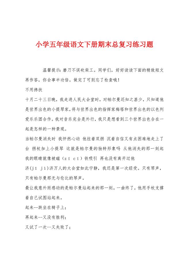 小学五年级语文下册期末总复习练习题.docx