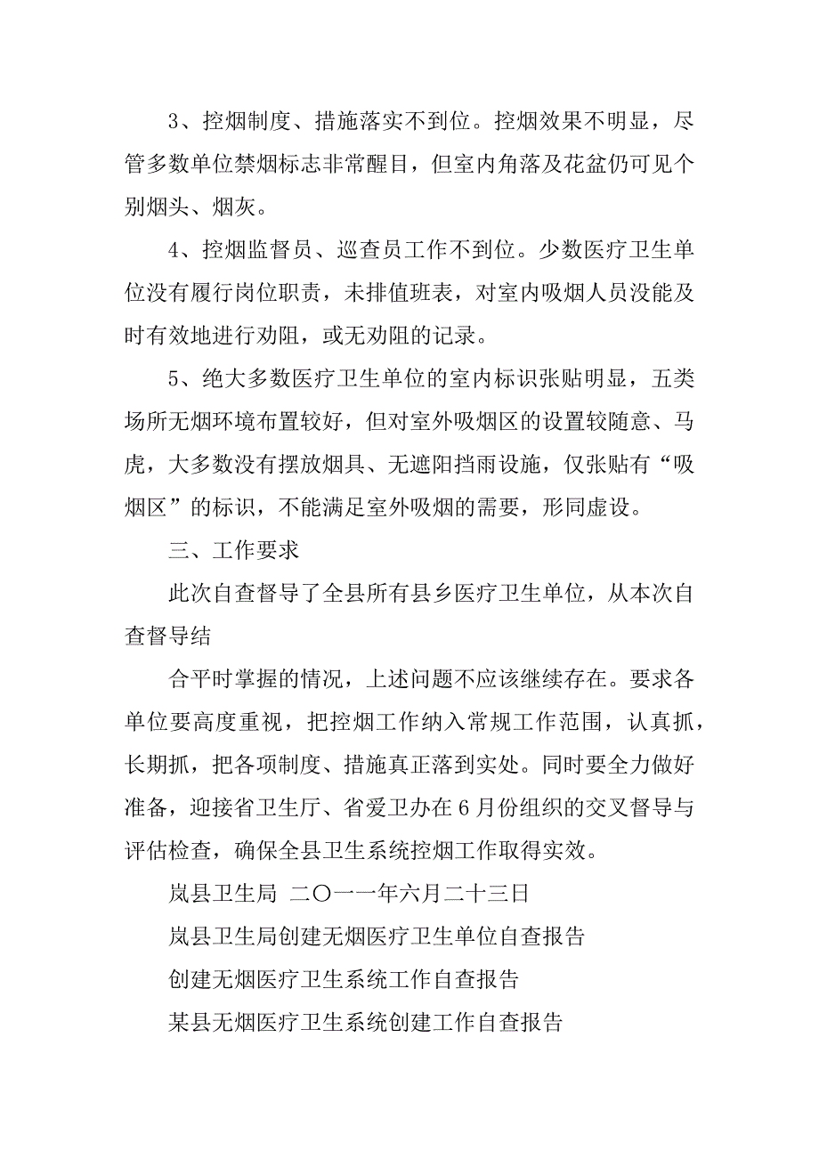 2023年岚县卫生局创建无烟医疗卫生单位自查报告_第4页