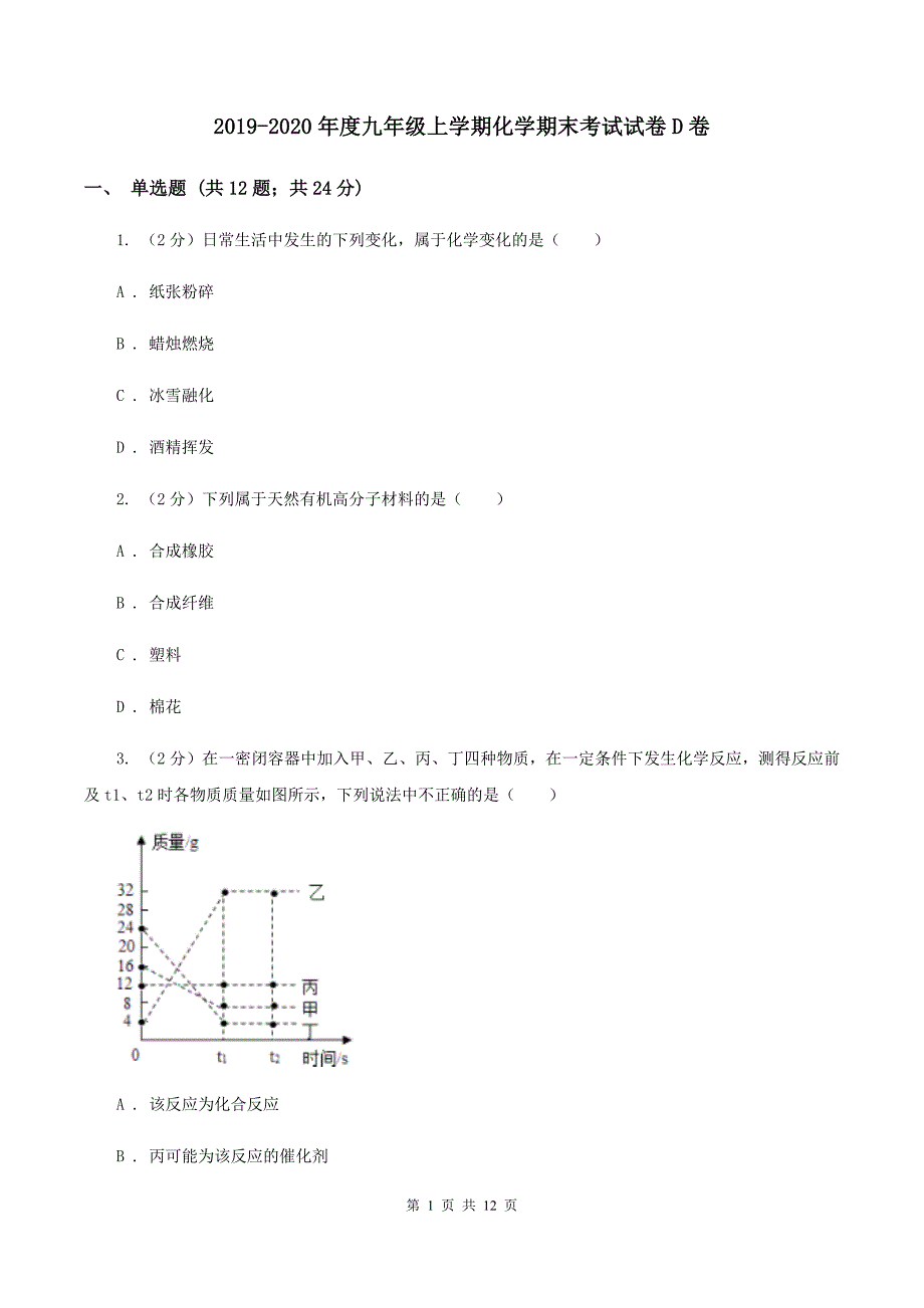 2019-2020年度九年级上学期化学期末考试试卷D卷_第1页