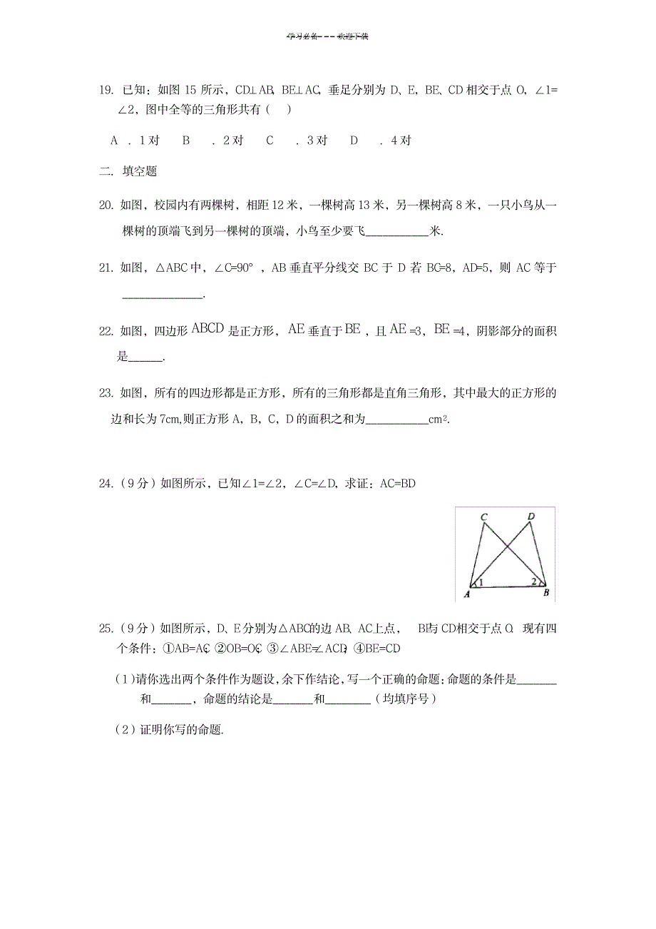 2023年人教版初二数学上全等三角形和勾股定理练习题_第4页