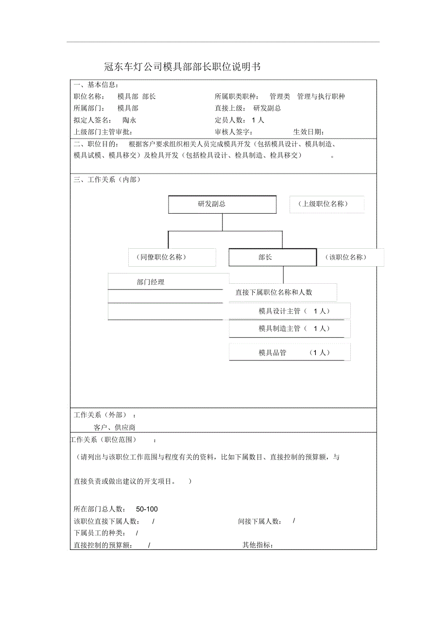 冠东车灯公司模具部部长职位说明书_第1页