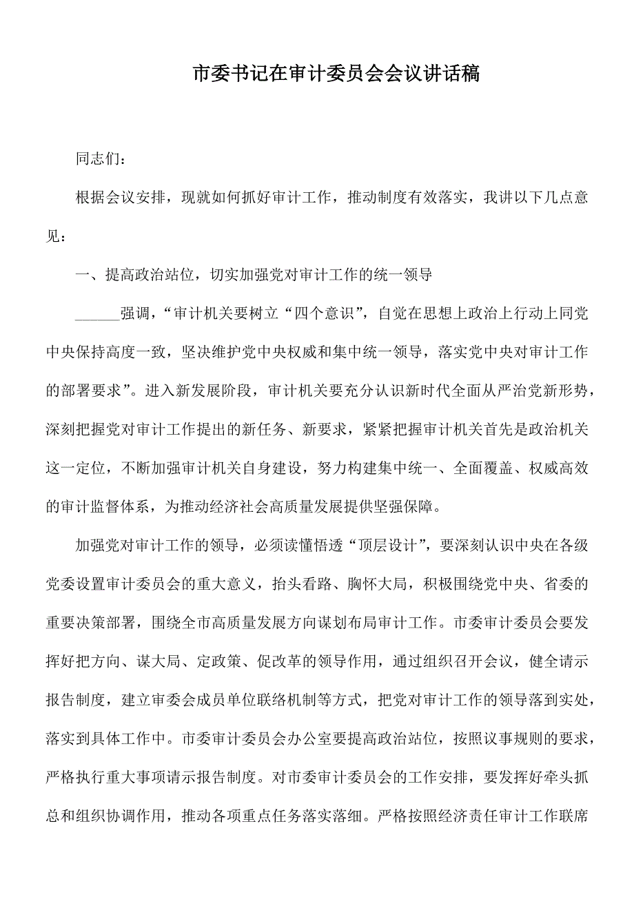 市委书记在审计委员会会议讲话稿_第1页