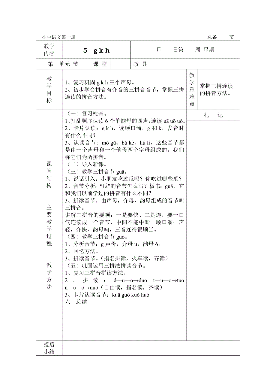 人教版小学一年级上册语文拼音教学教案设计_第2页