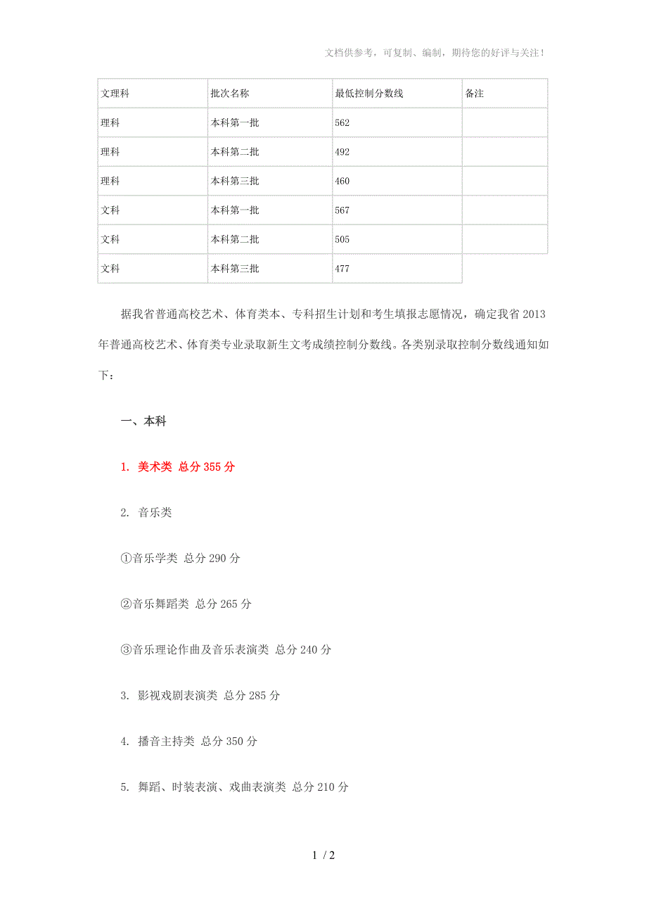 2013年四川省高考文化生、艺体生考试录取线_第1页