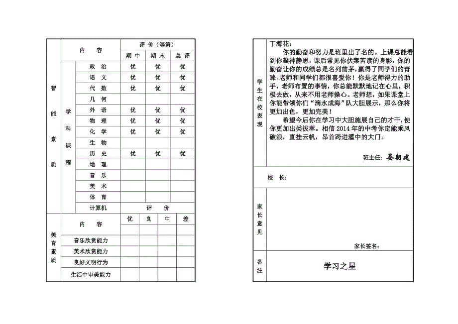 灌南县新集中学2014九年级1班评语_第3页