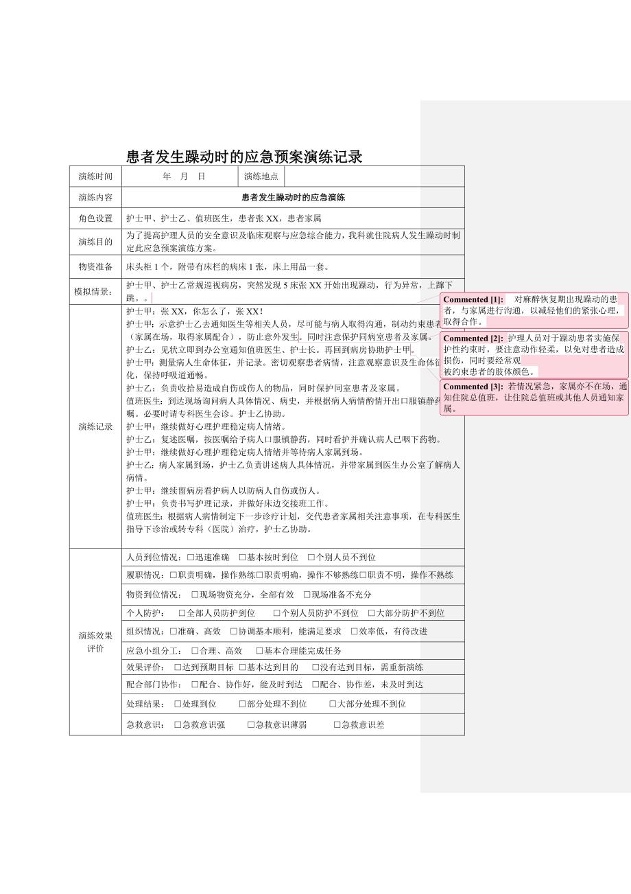 患者发生躁动时应急预案演练记录_第1页