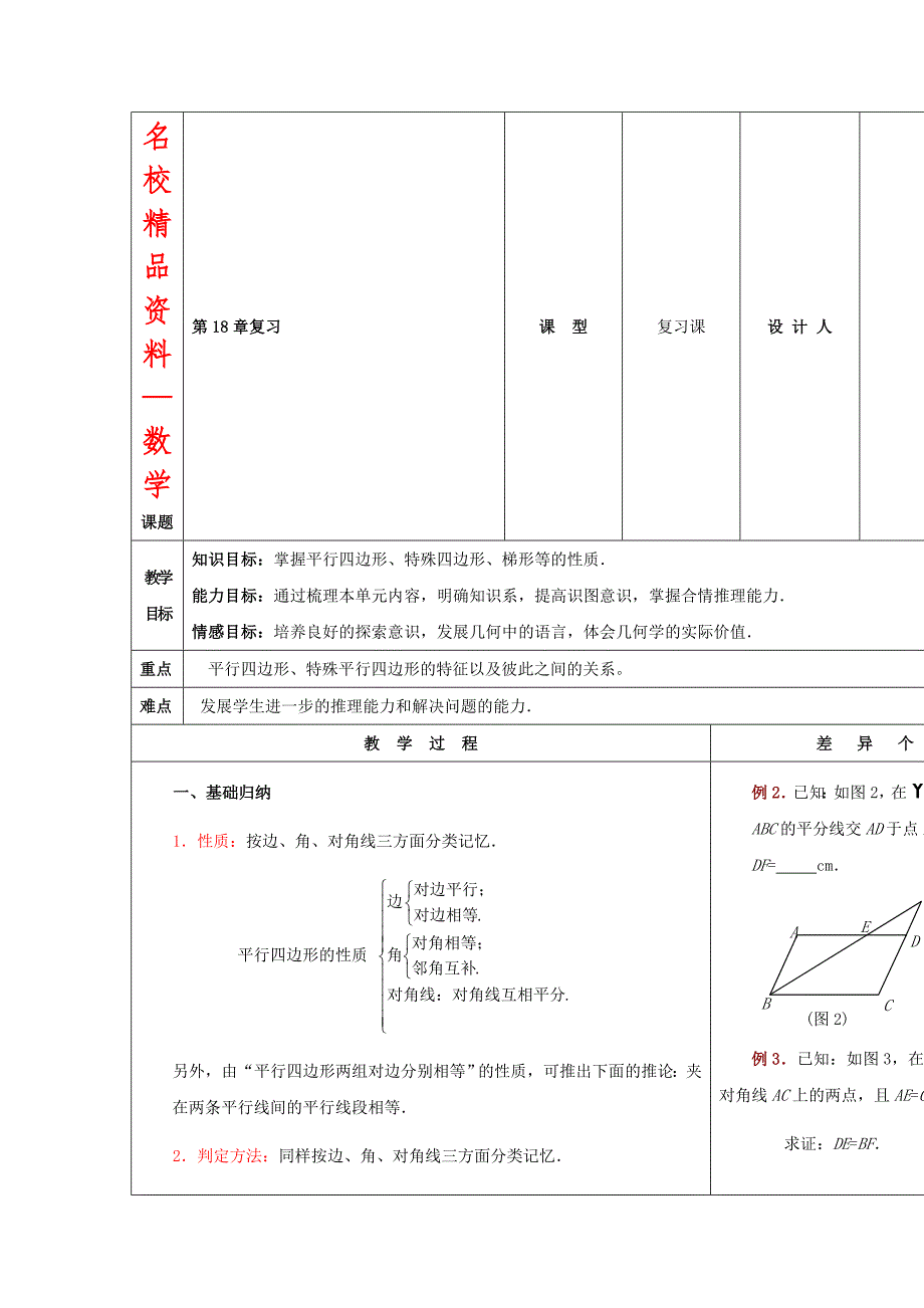 【名校精品】华师大版八年级数学下册：第18章平行四边形复习教案_第1页