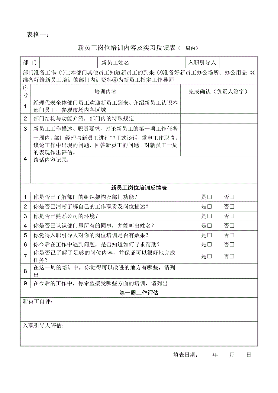 新员工岗位培训内容及实习反馈表_第1页