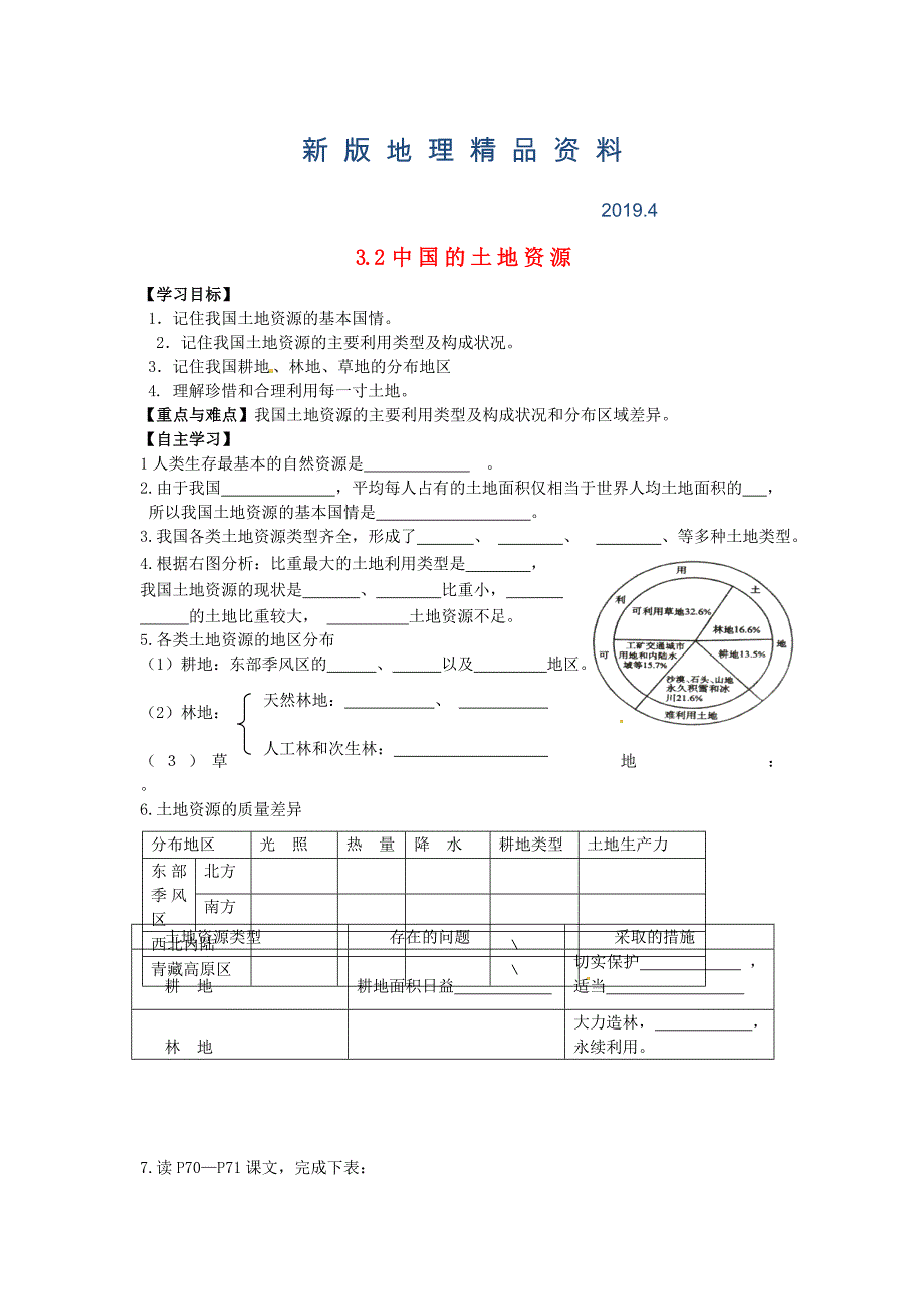 新版山东省泰安市岱岳区徂徕镇第一中学八年级地理上册 3.2 中国的土地资源学案答案不全新版湘教版_第1页