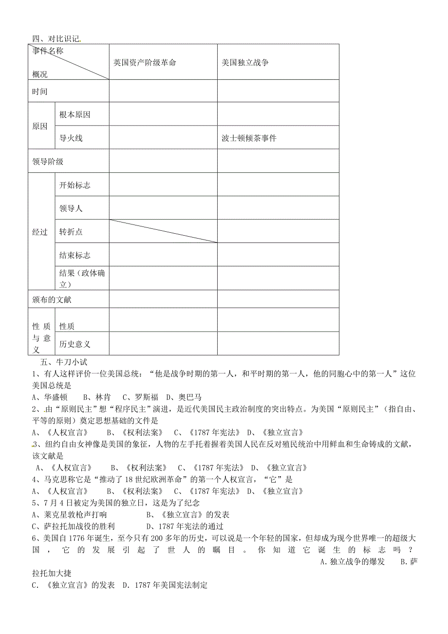 山东省沂源县中庄中学九年级历史上册第13课美国的诞生导学案无答案鲁教版_第2页