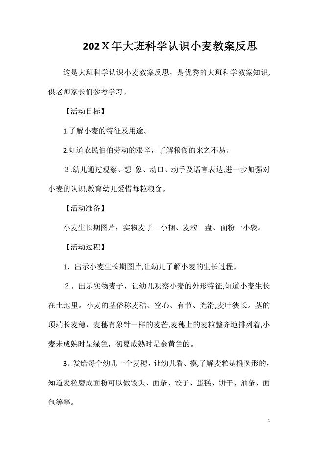 大班科学认识小麦教案反思