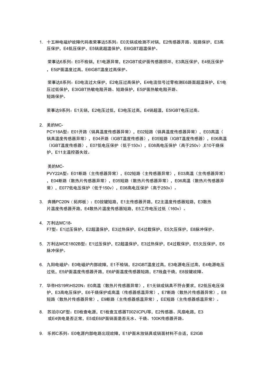 十五种国内电磁炉故障显示代码_第1页