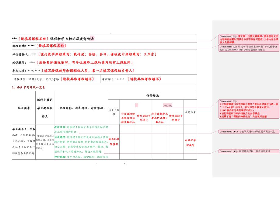 XXX课程教学目标达成度评价表_第1页