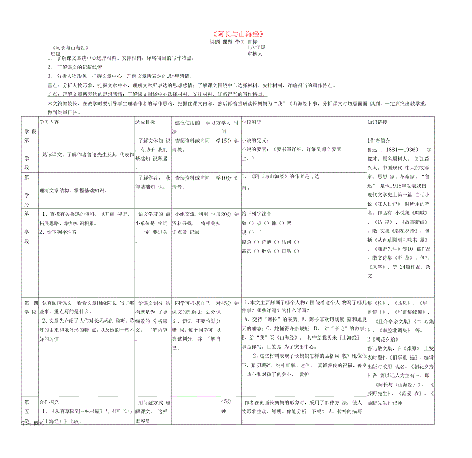 甘肃省陇南市西和县十里乡初级中学八年级语文上册第6课阿长与山海经学案无答案新版新人教版.docx_第1页