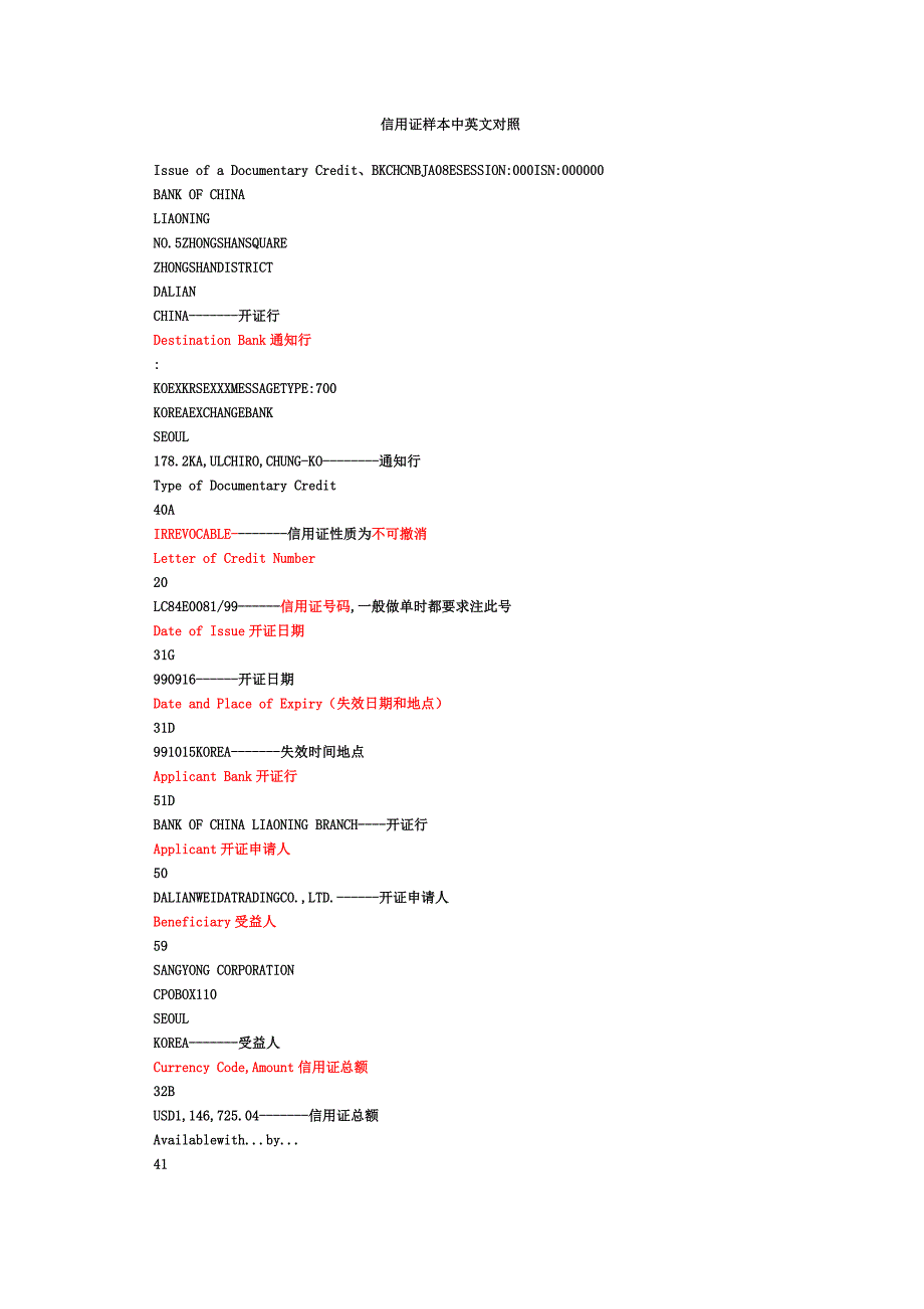 国际贸易信用证样本中英文对照_第1页