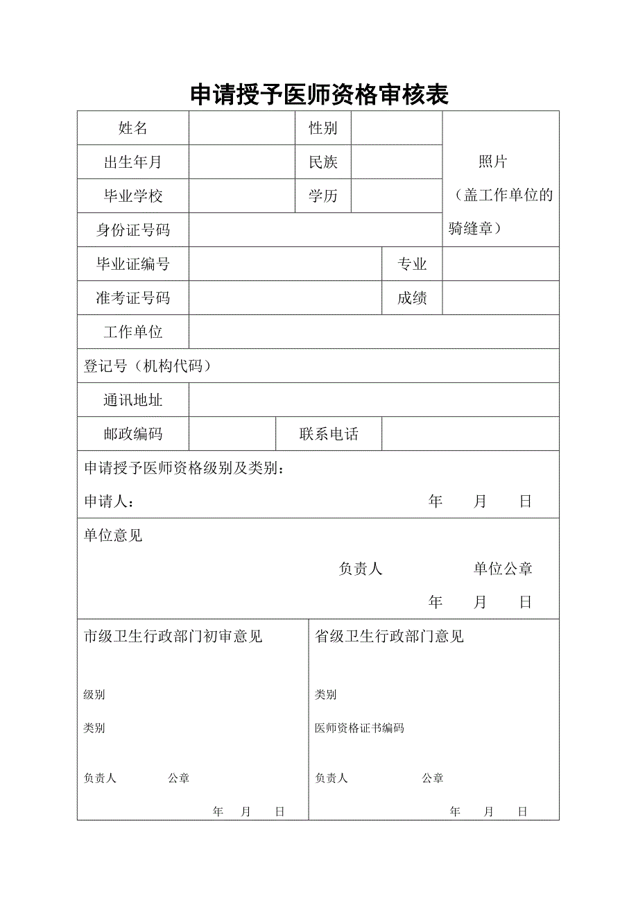 申请授予医师资格审核表【直接打印】_第1页