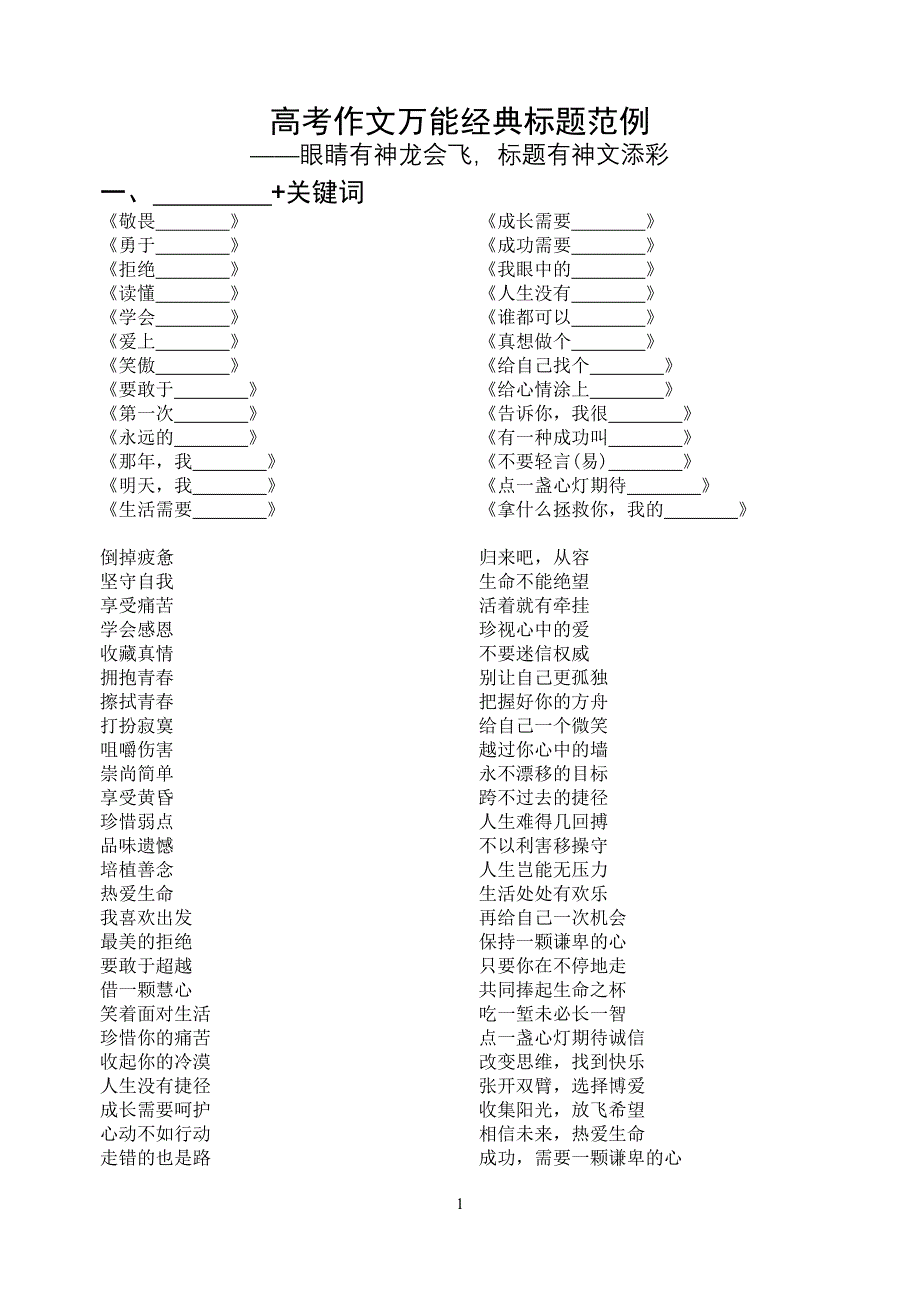 高考作文万能经典标题范例_第1页