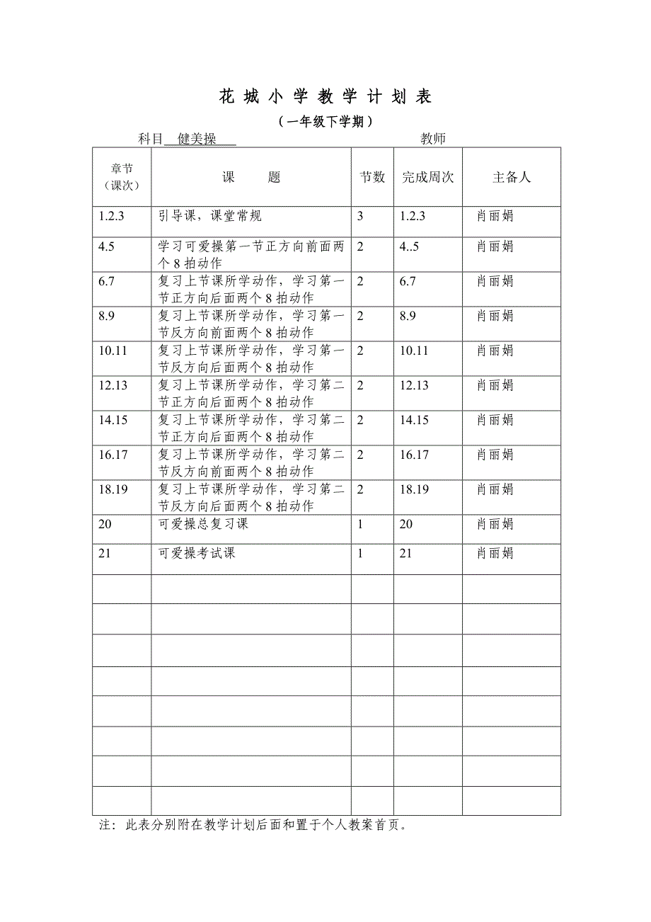 花城小学一年级下学期健美操教学计划_第2页