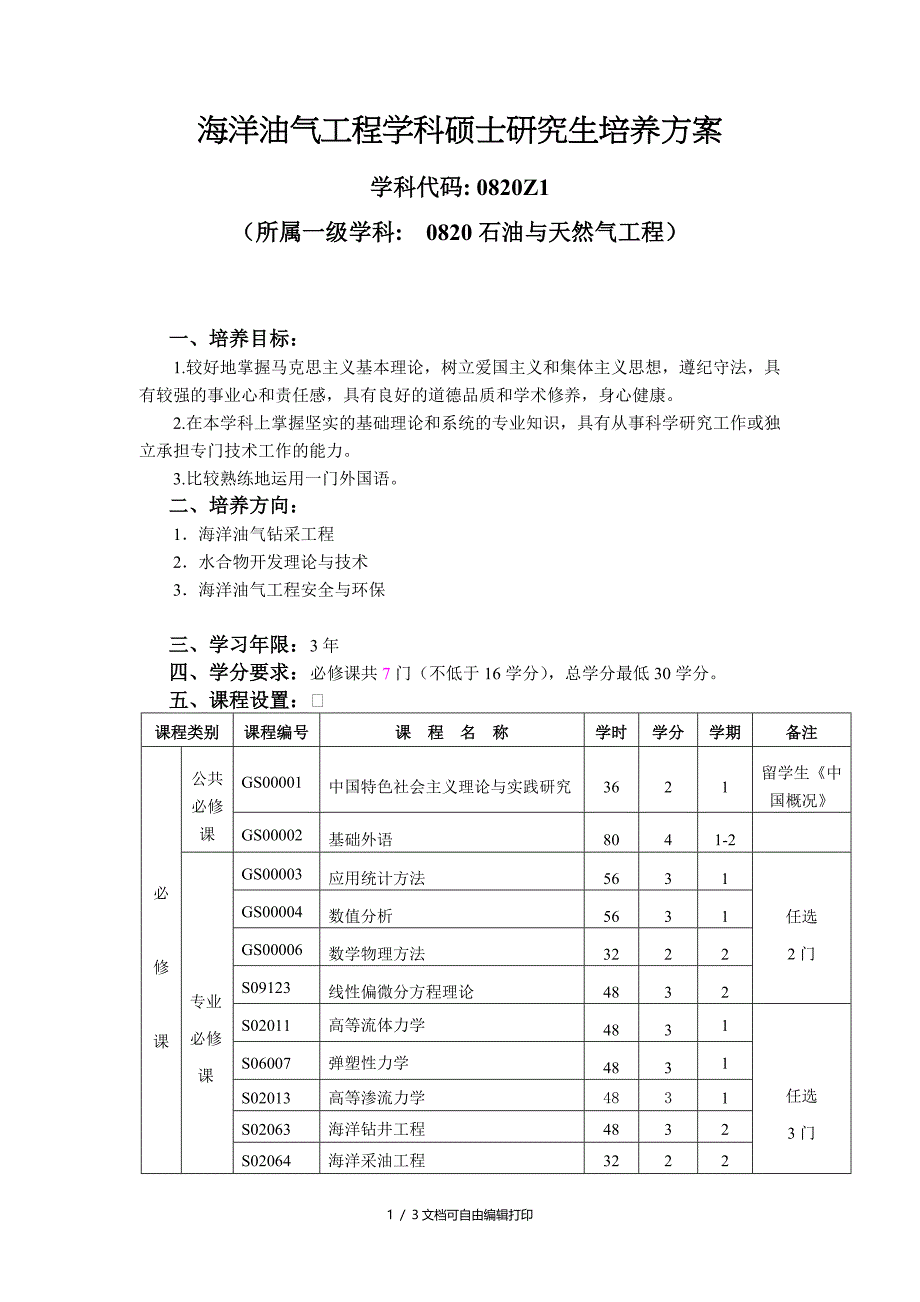 海洋油气工程学科硕士研究生培养方案_第1页