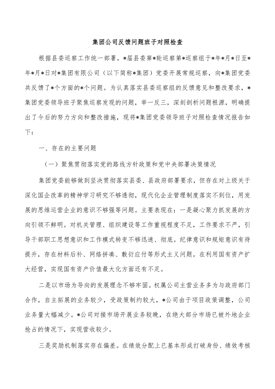 集团公司反馈问题班子对照检查_第1页