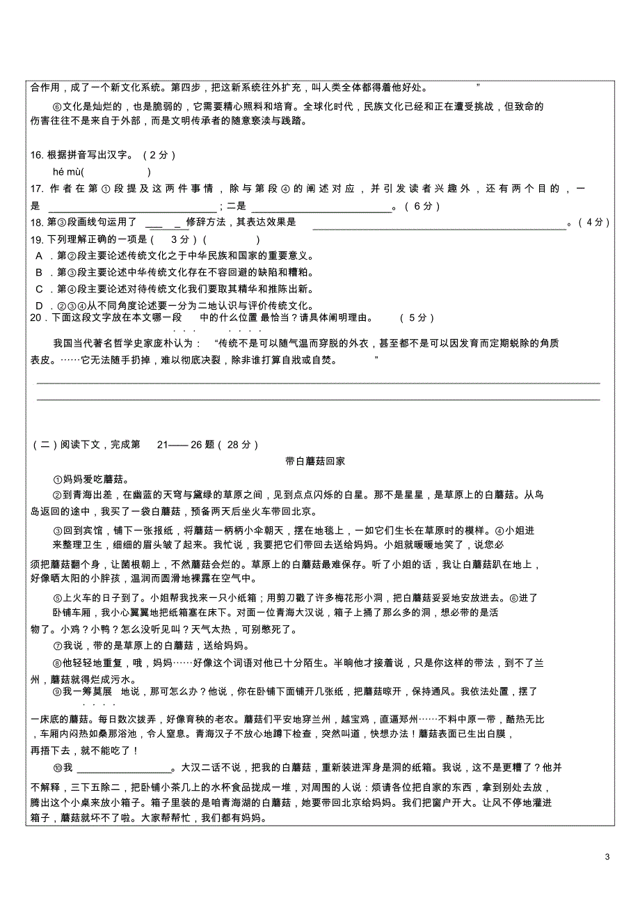 上海市普陀区初三语文一模卷(含答案)_第3页