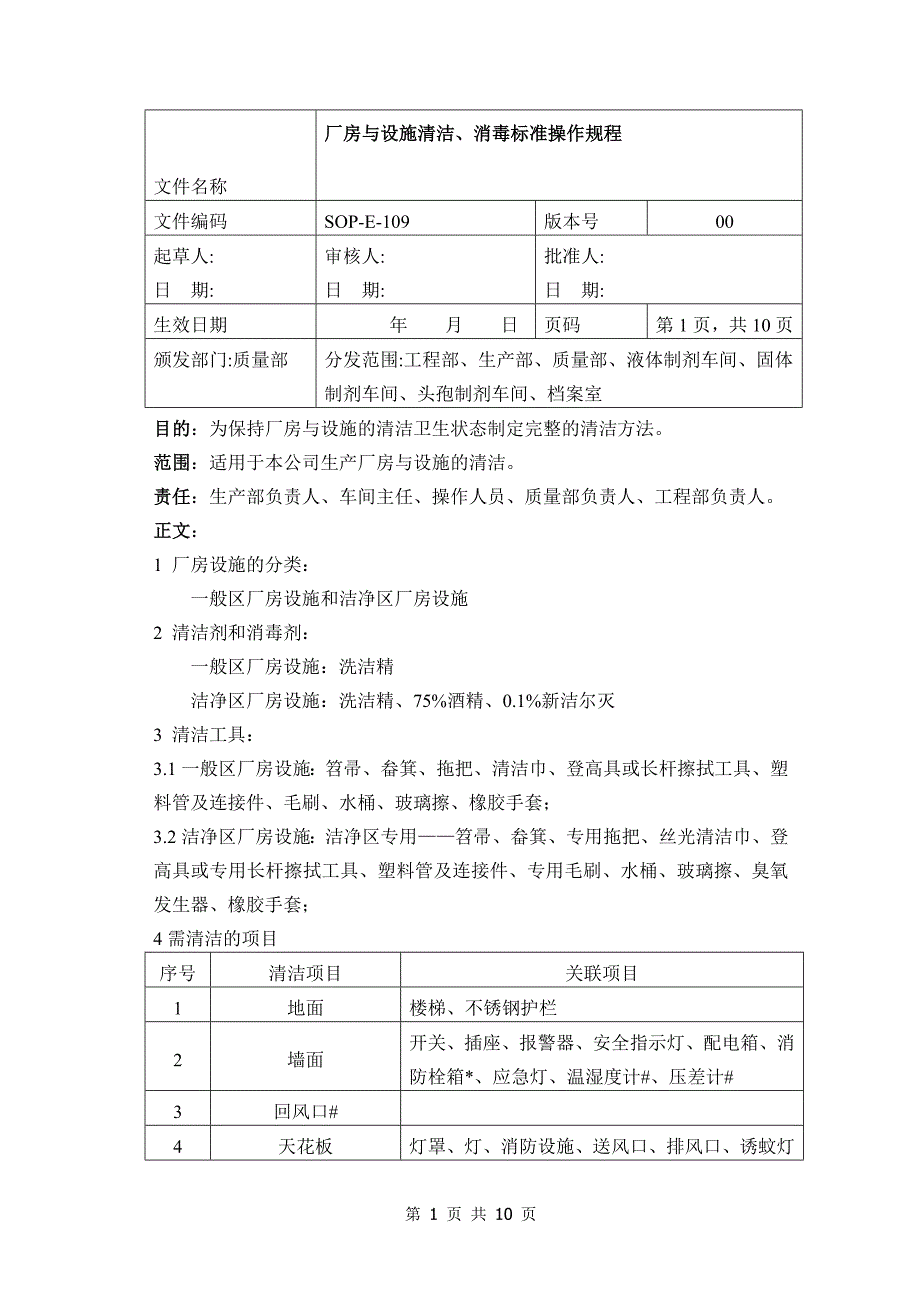 厂房设施清洁消毒标准操作规程_第1页