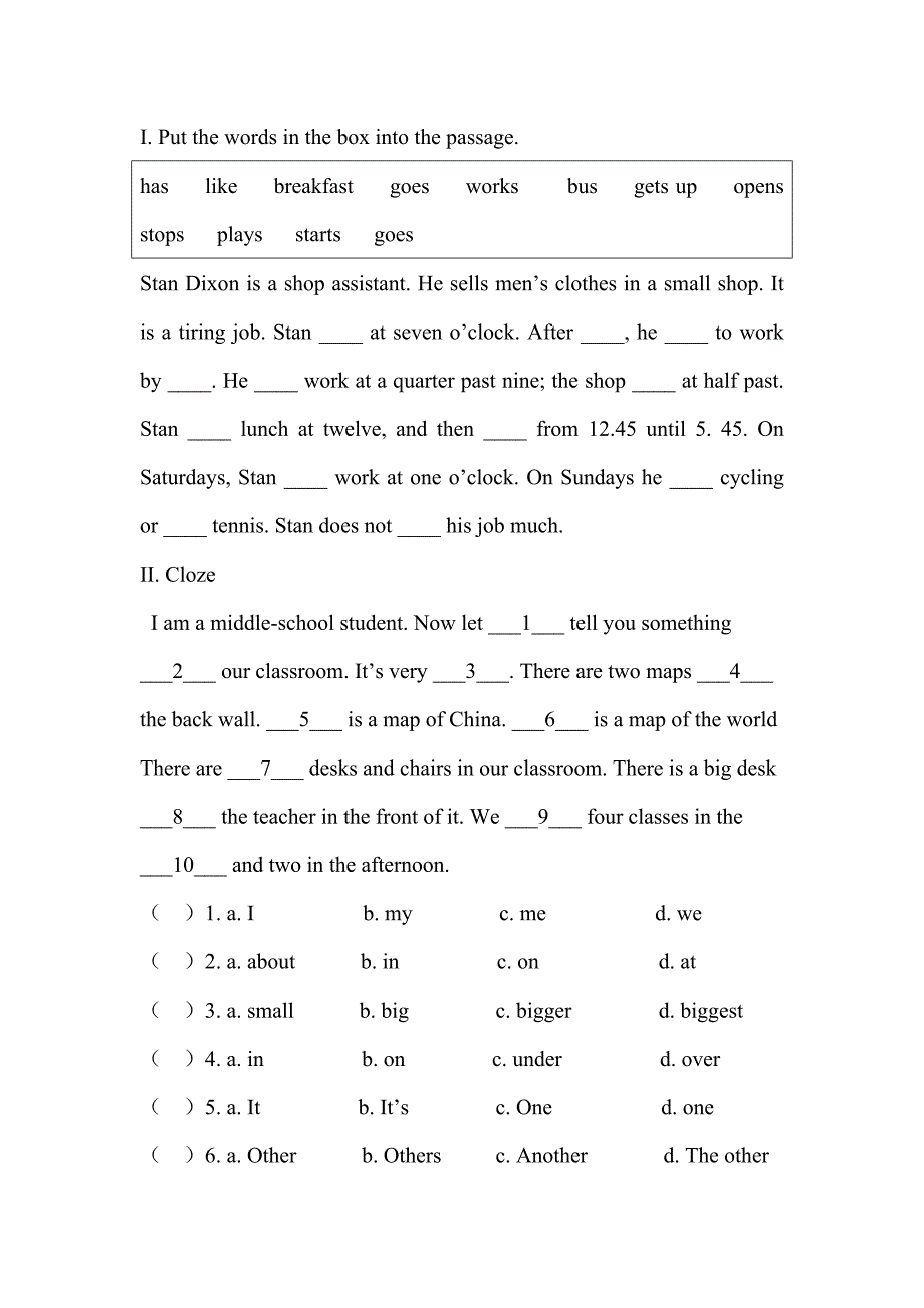 初中一年级完形填空练习_第1页