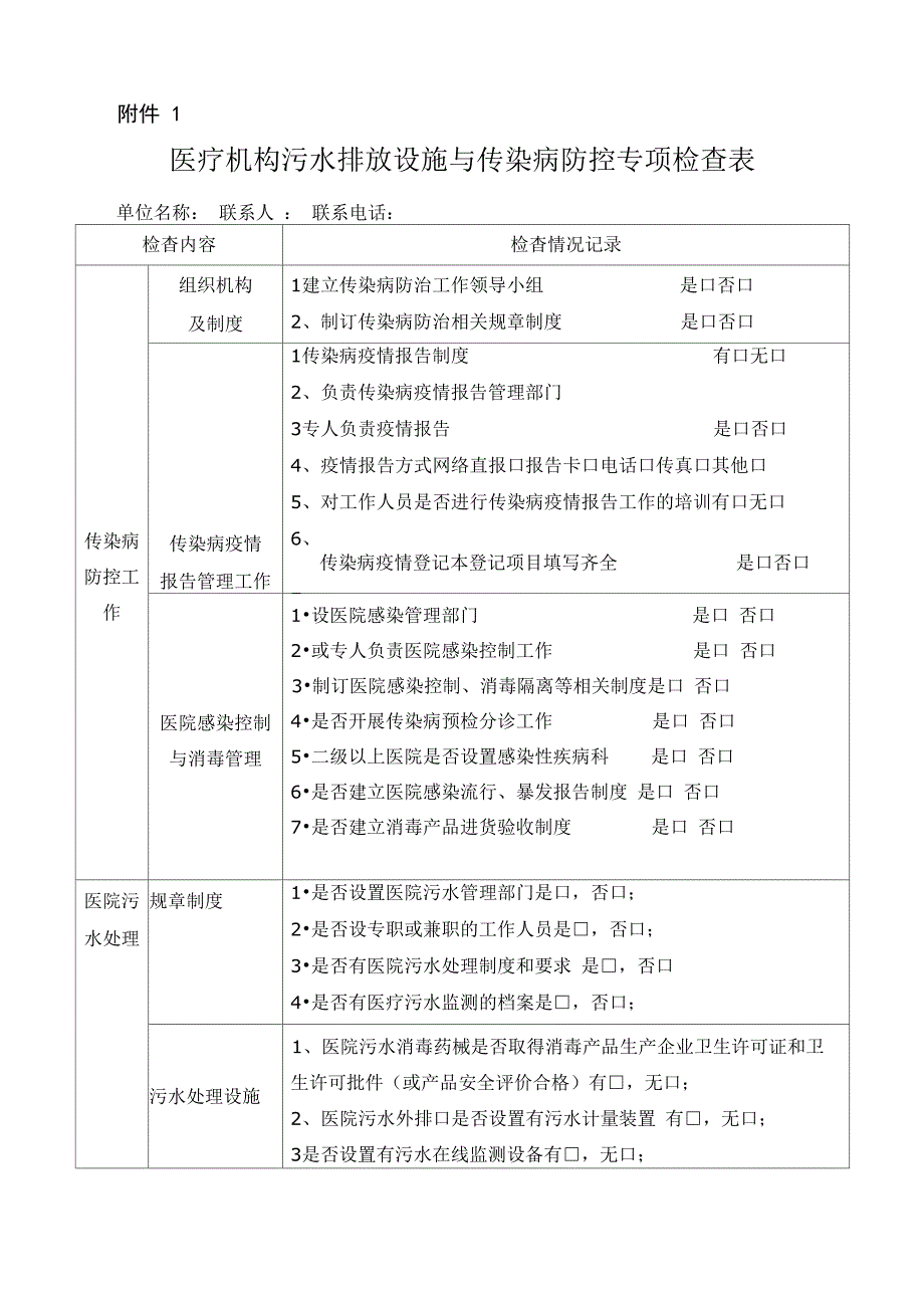 医疗机构污水排放设施与传染病防控专项检查表_第1页