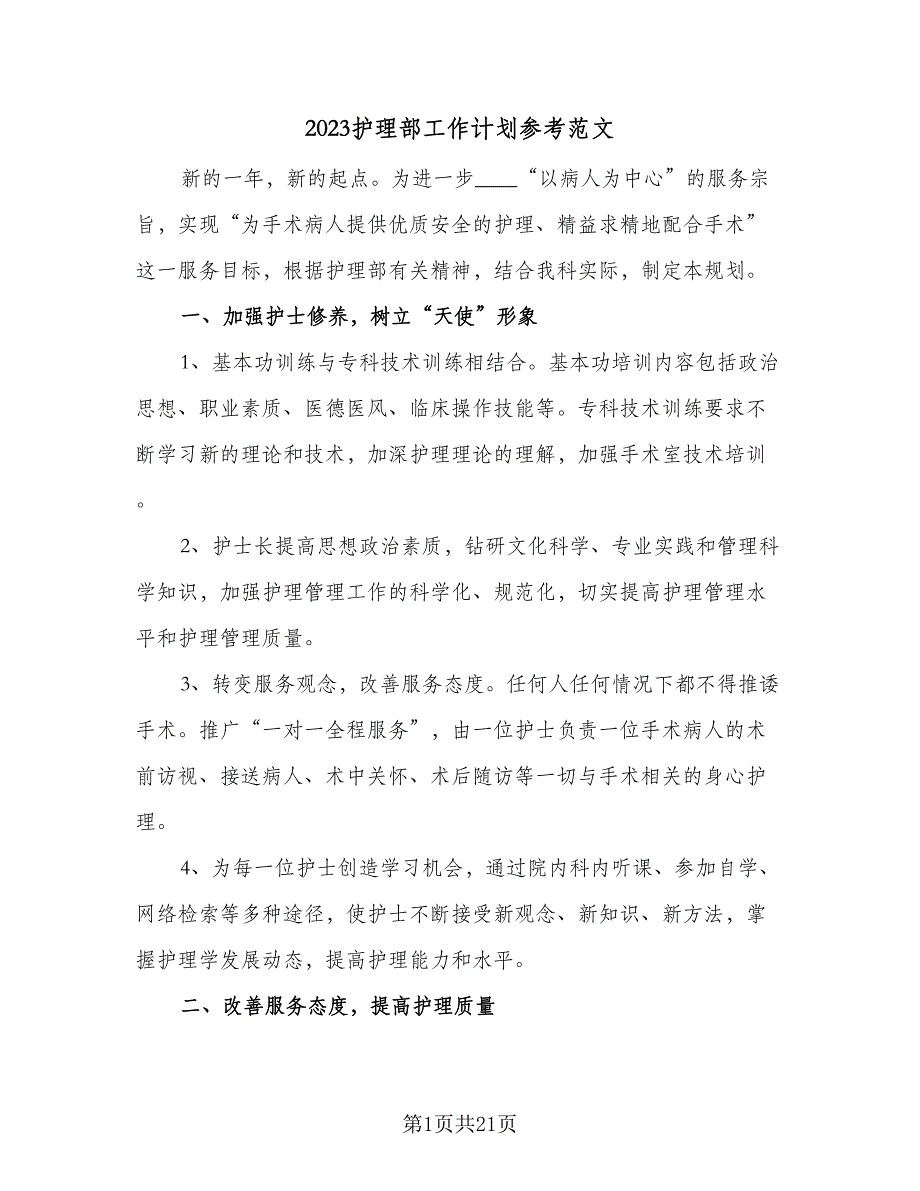 2023护理部工作计划参考范文（六篇）_第1页