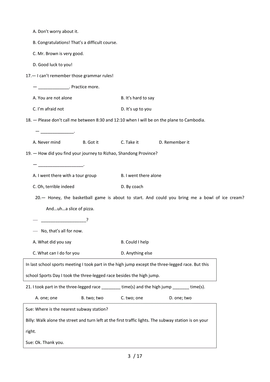 江苏省苏州市单招预科班2014-2015学年高一上学期期末联考英语试题_第3页