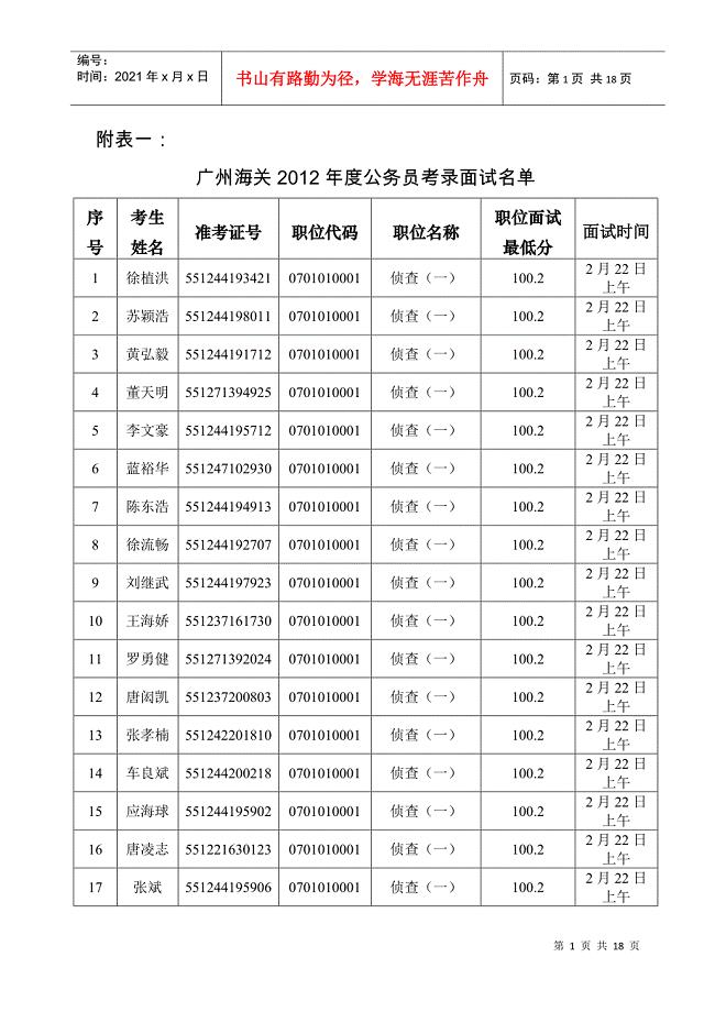 广州海关关于XXXX年度考试录用公务员面试工作有关安排的通知附件