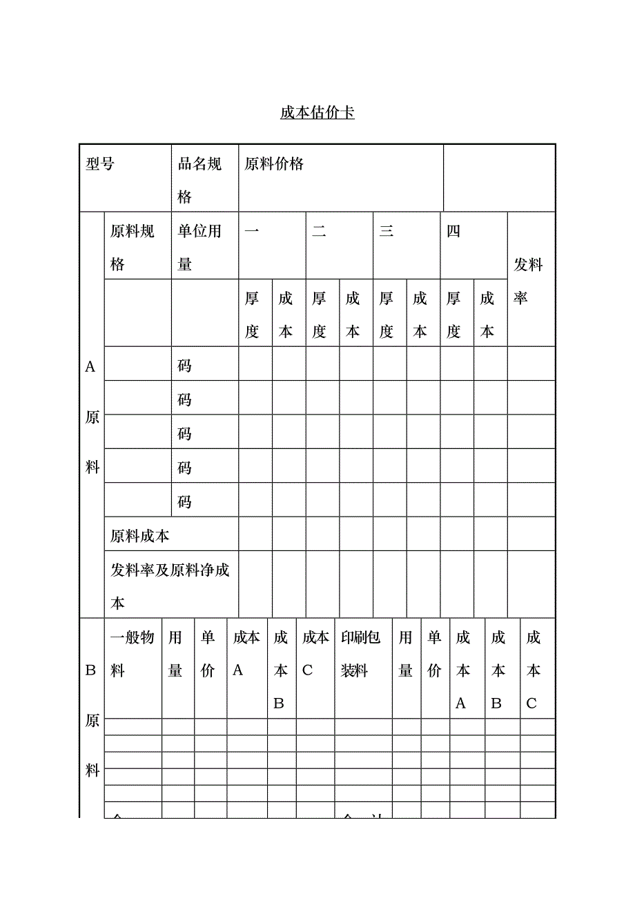 成本估价卡_第1页