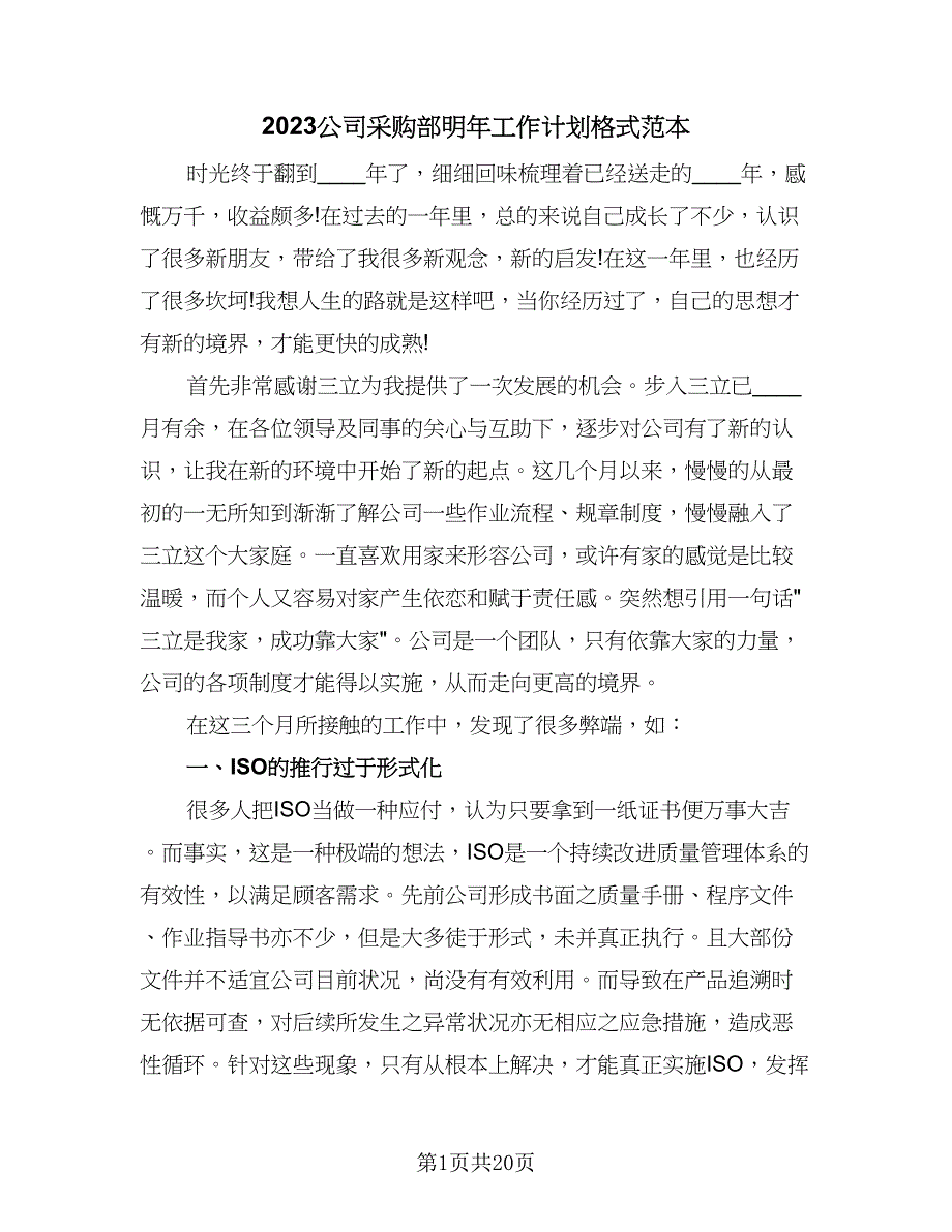 2023公司采购部明年工作计划格式范本（5篇）_第1页