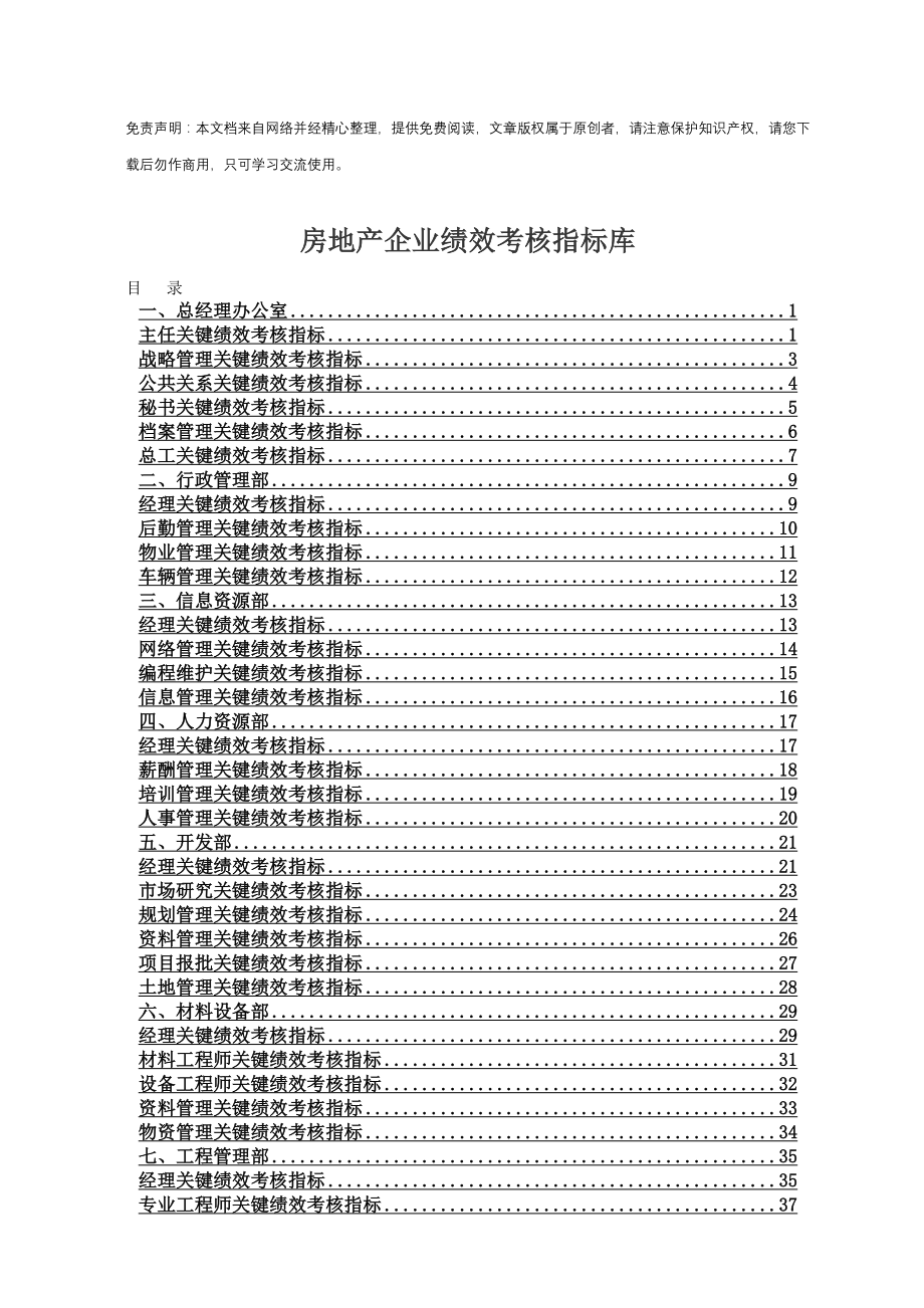 房地产公司全套岗位绩效考核指标_第1页