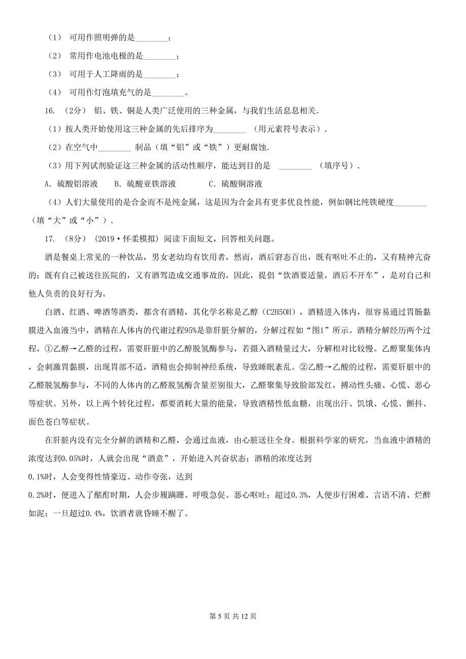 北京市九年级下学期化学开学考试试卷(DOC 12页)_第5页