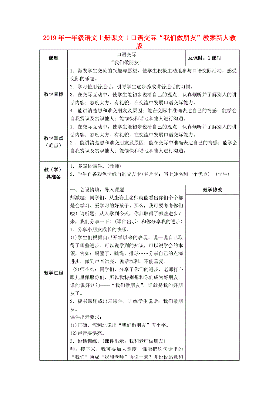 2019年一年级语文上册课文1口语交际“我们做朋友”教案新人教版.doc_第1页